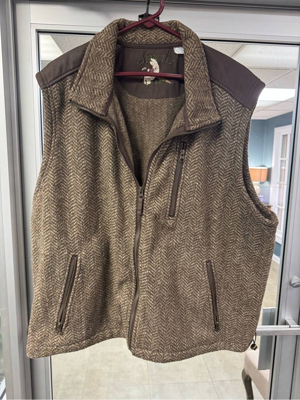 Orvis Brown Herringbone Zip-Front Wool-Blend Vest